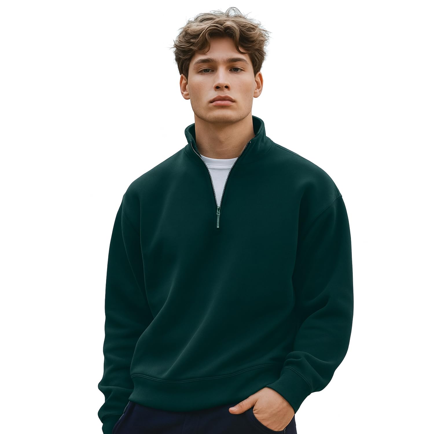 NOBERO Verdigris Blue Cotton Fleece Crew Neck Sweatshirt for Men