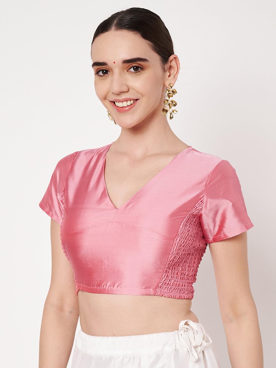 Silk Blend V-Neck Blouse for Women - Light Pink - Image 3