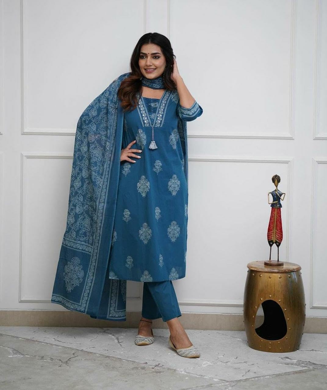 PARTHVI Blue Cotton Printed Kurta Set for Women - Image 3