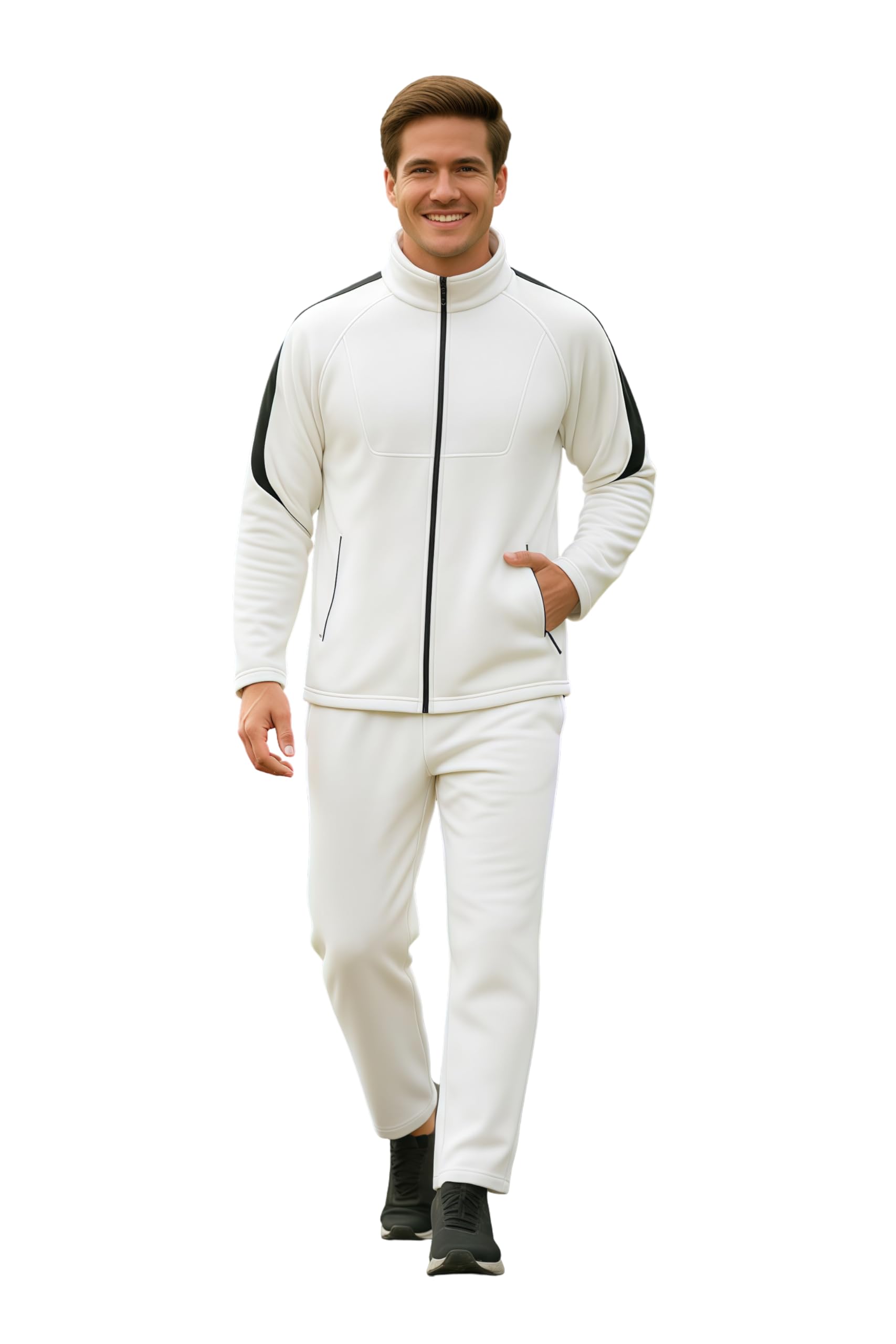 CHKOKKO Men's Winter Tracksuit - High Neck, Full-Zipper, White Black