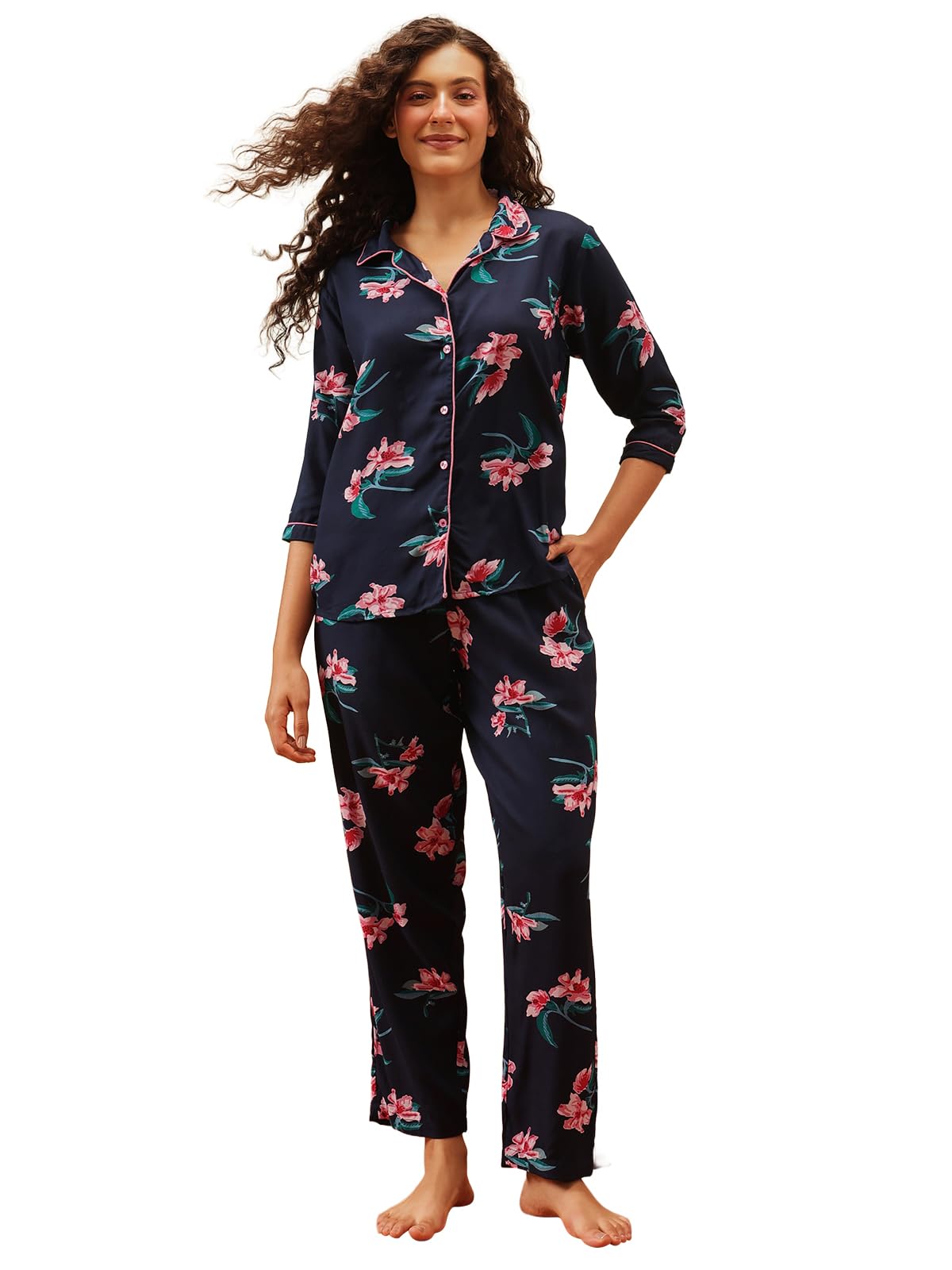 Clovia Women's Floral Crepe Shirt & Pyjama Set