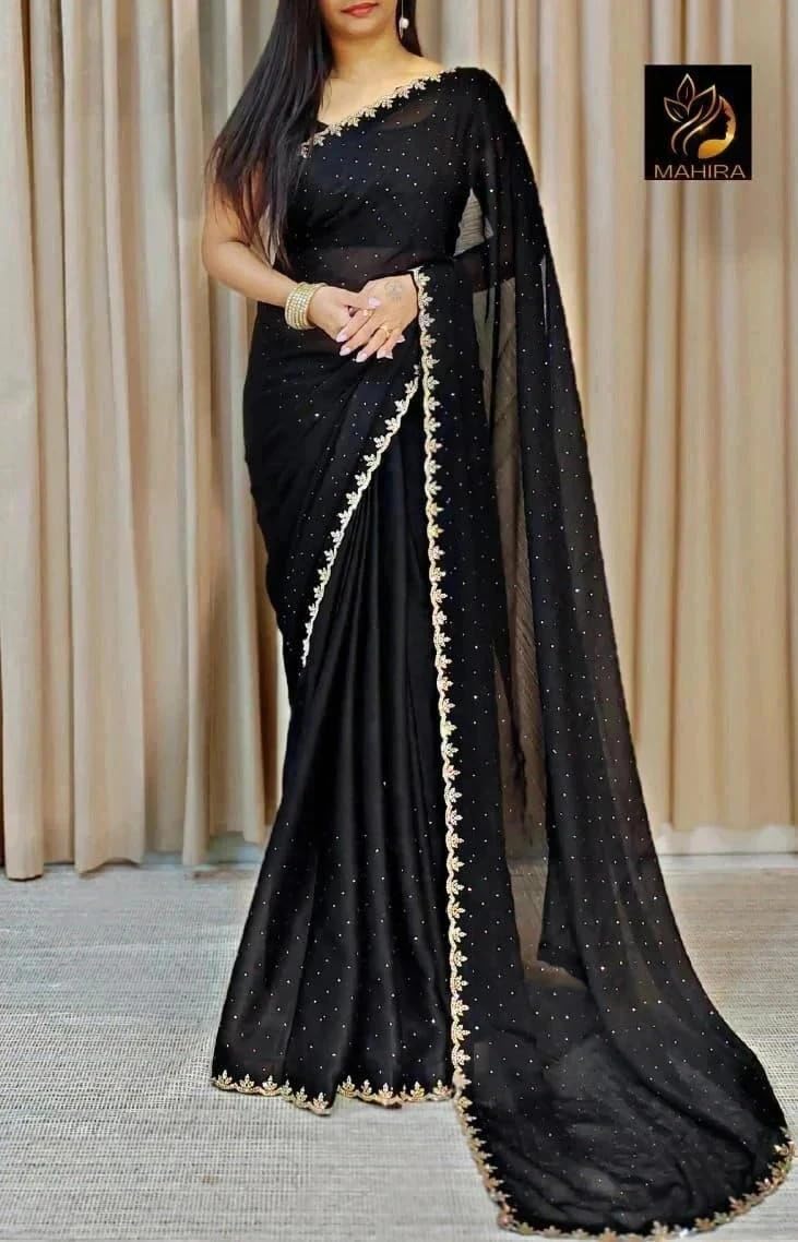 GarbGlide Women's Chiffon Embellished Saree - Black - Image 3