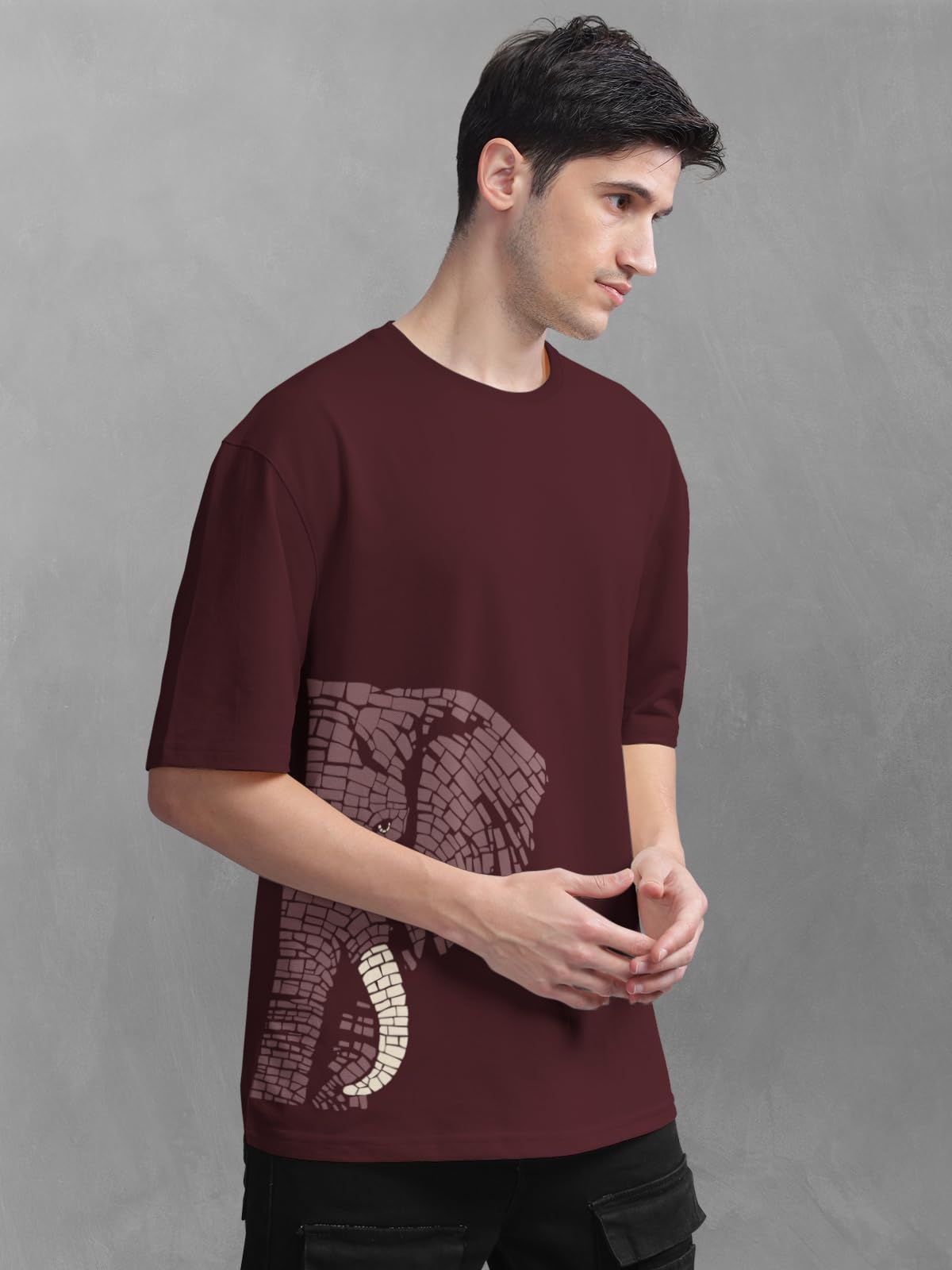 BULLMER Men's Round Neck T-Shirt - Maroon & Beige - Image 5