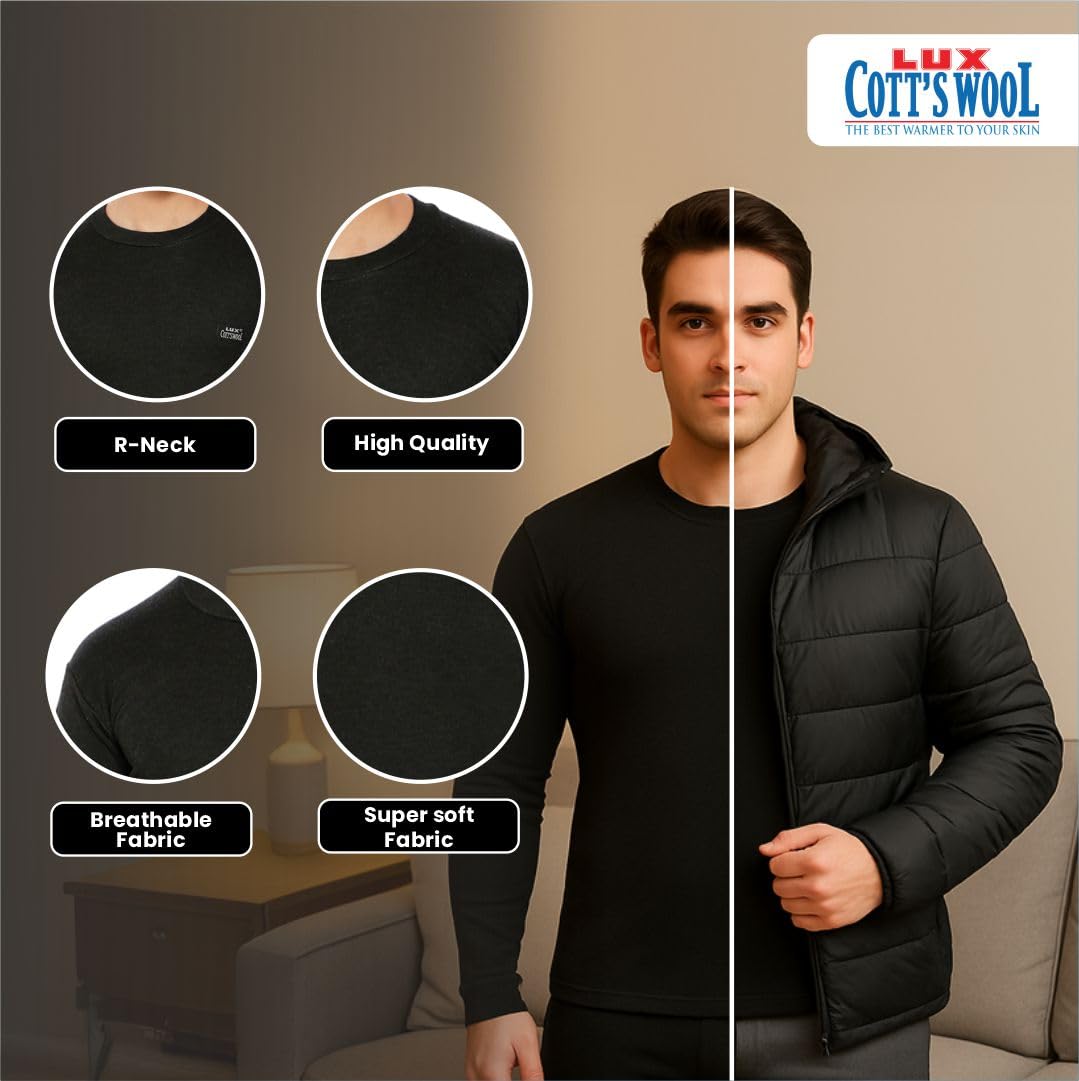 Lux Cottswool Men's Thermal Top & Bottom Set - Black - Image 4