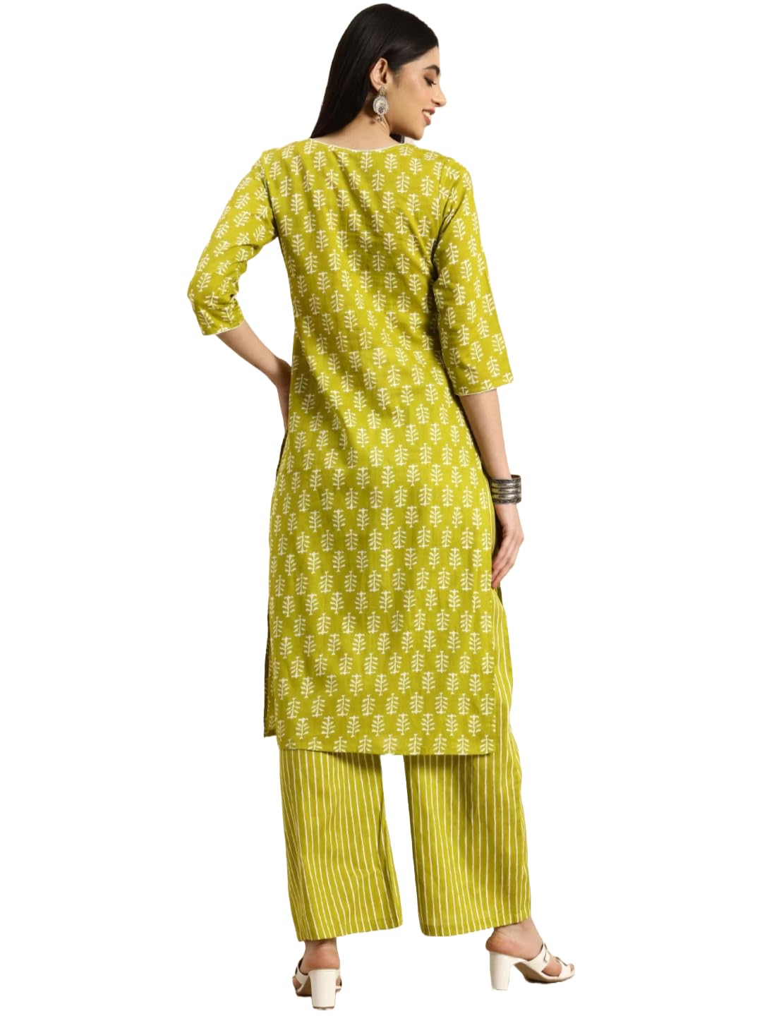 MEERA FAB Women's Cotton Printed Kurta With Palazzo - Green - Image 5