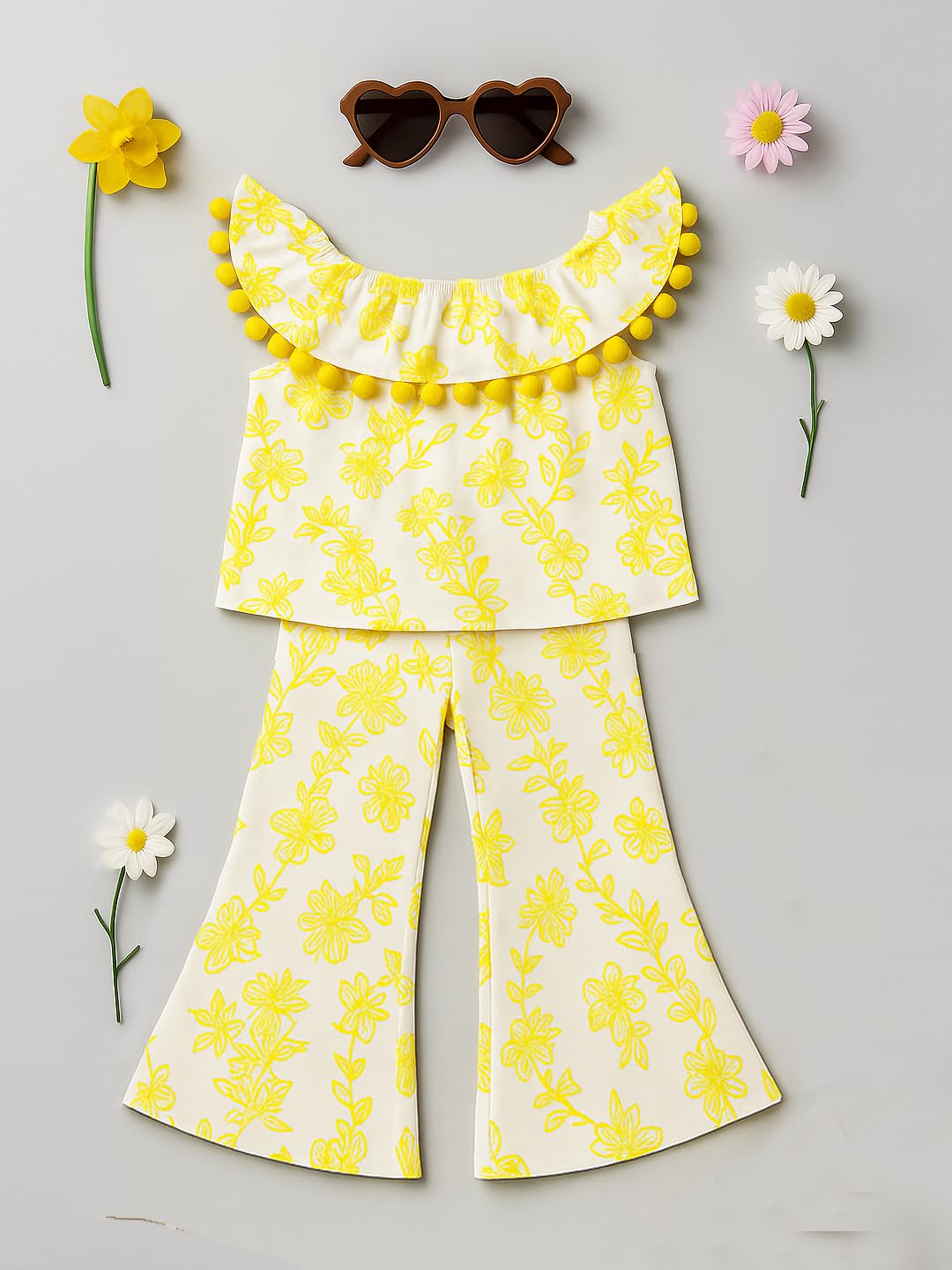 A.T.U.N. Girls Yellow Floral Printed Top and Pant Set - Image 5