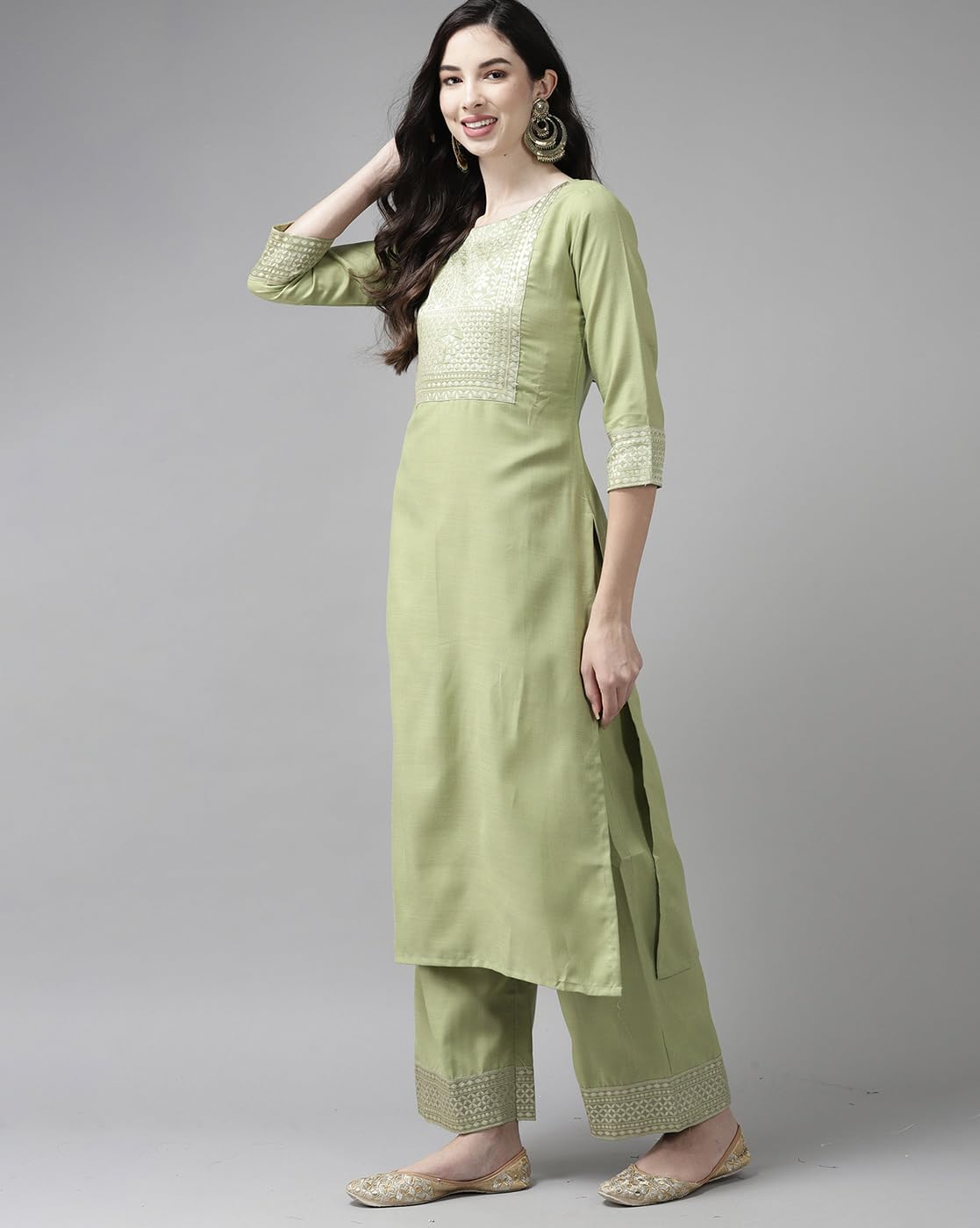 Green Cotton Kurta Pant Set with Dupatta for Women - Image 4