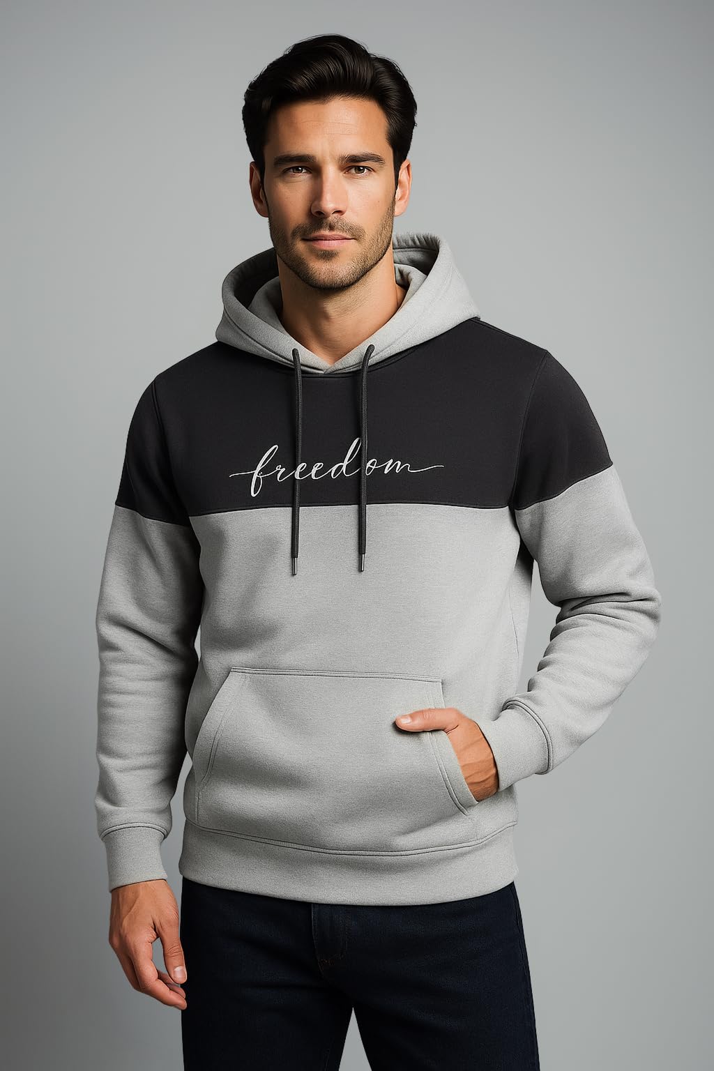 QUTUN Men's Color Block Hoodie Sweatshirt - Black Light Grey - Image 3