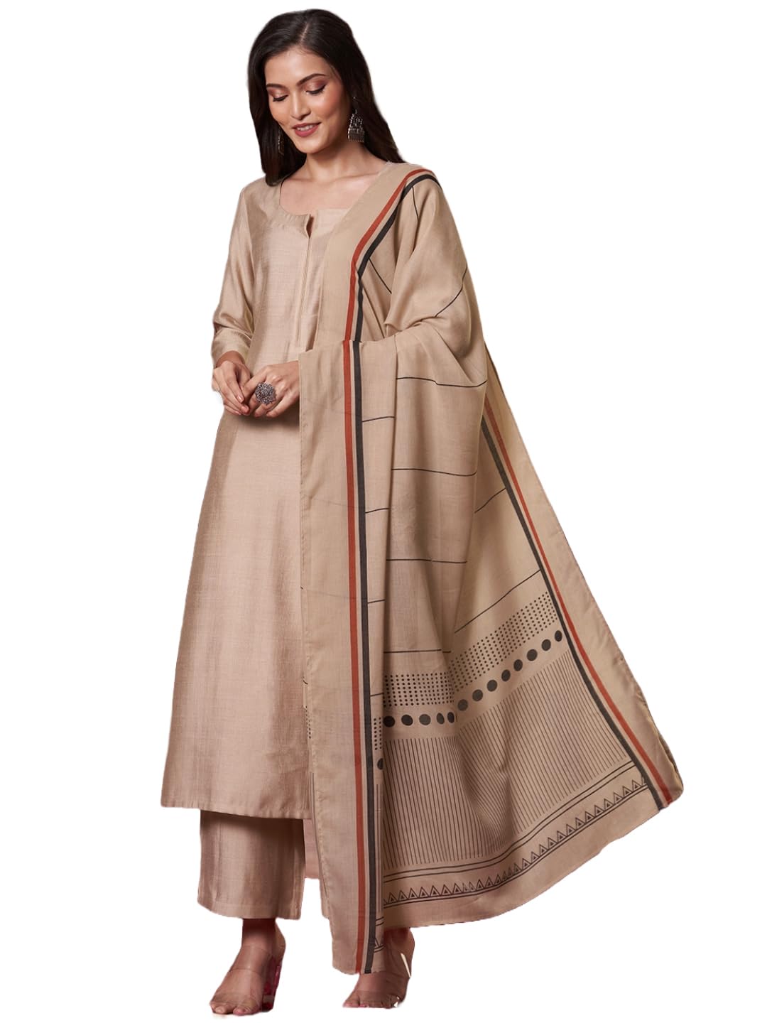 ANNI DESIGNER Women's Rayon Kurta with Pant & Dupatta - Beige