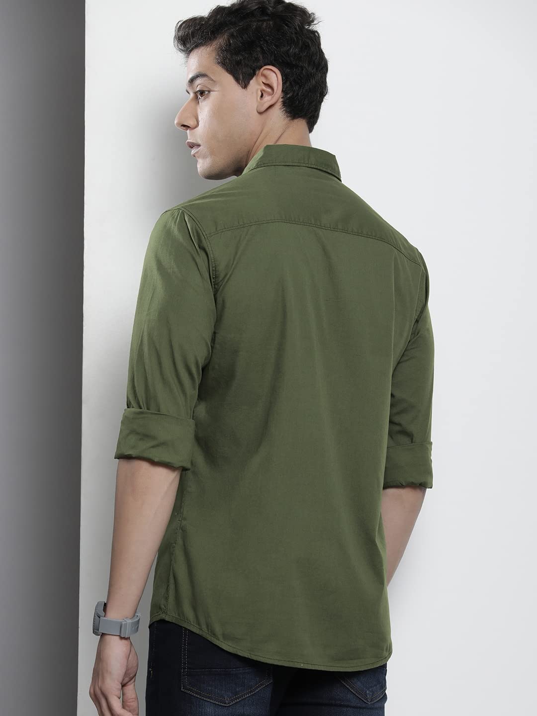The Indian Garage Co Olive Slim Fit Cotton Shirt for Men - Image 4