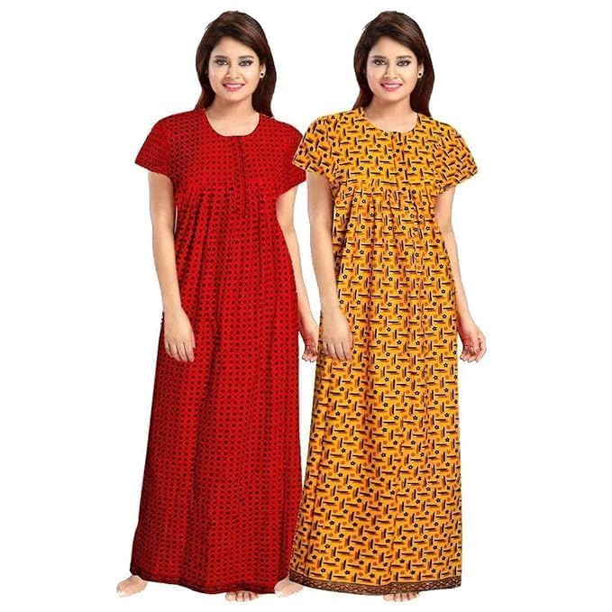 NILOUFO Women's Cotton Printed Maxi Nighty - Red Yellow