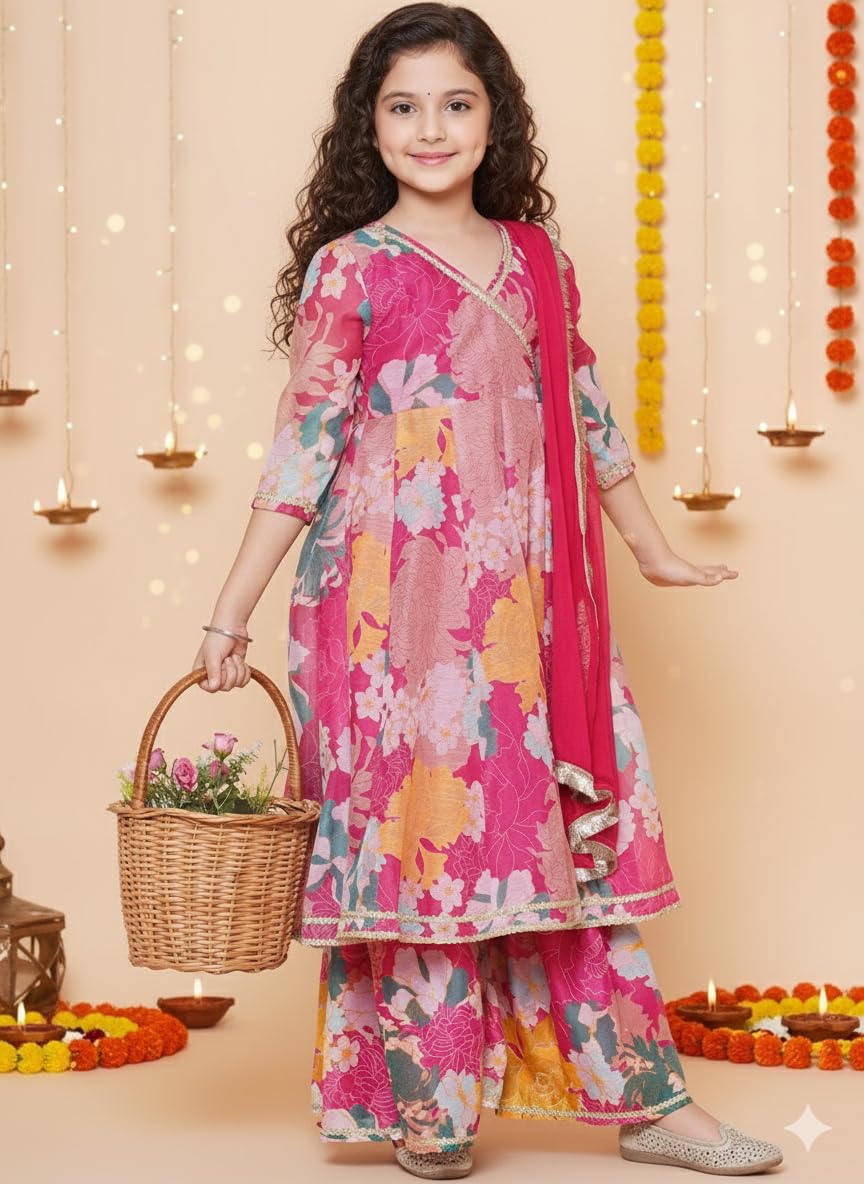 Naixa Girls Floral Printed Sharara Dress Set - Pink - Image 4
