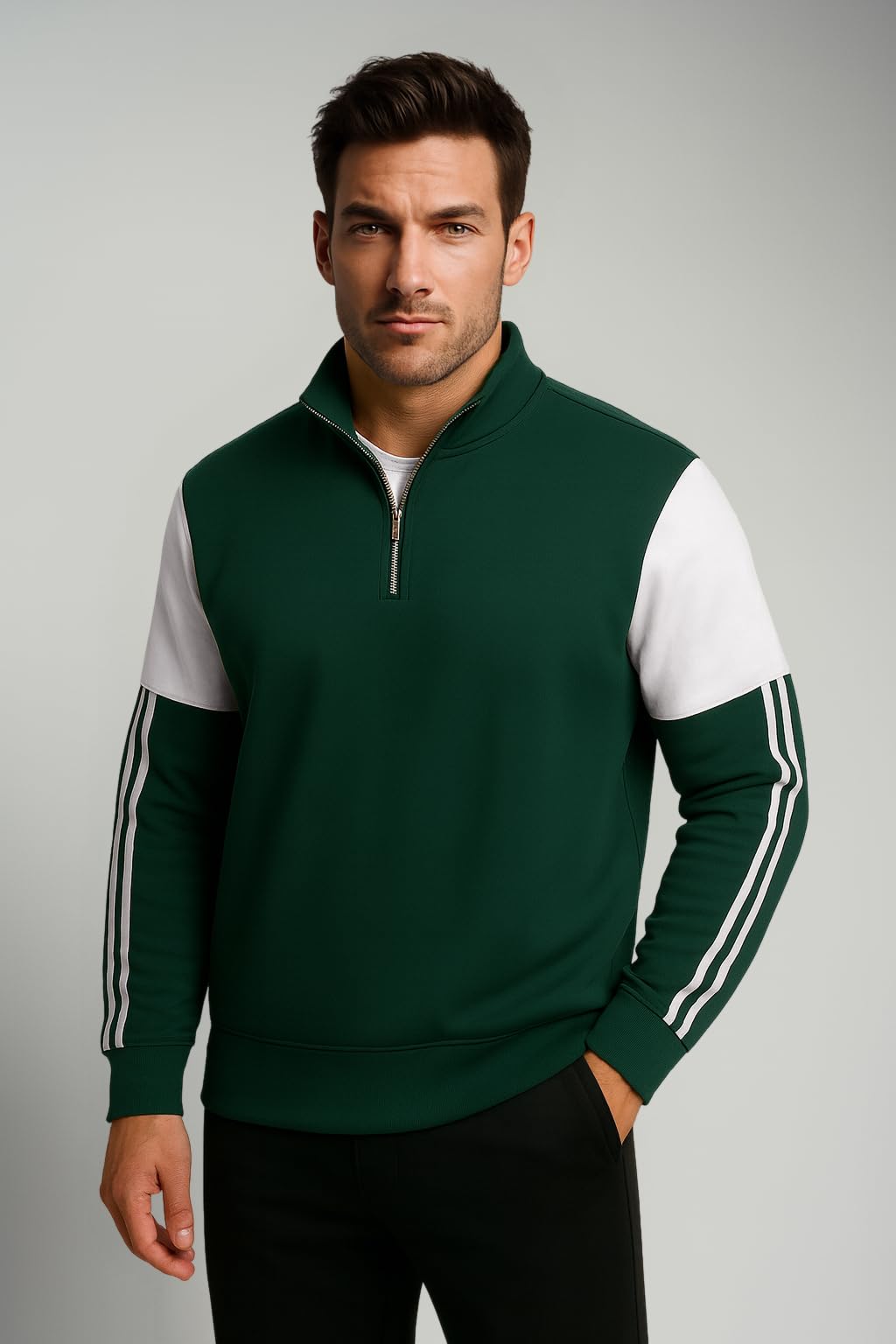 GarbGlide Stripe Half Zipper Sweatshirt for Men - Green - Image 5