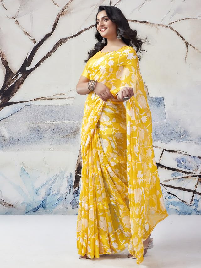 Satrani Georgette Floral Saree - Yellow - Image 4