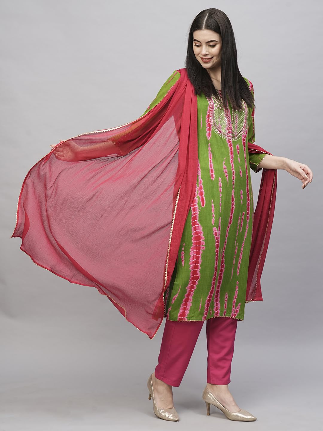 GoSriKi Women's Rayon Blend Kurta with Pant & Dupatta - Green - Image 4