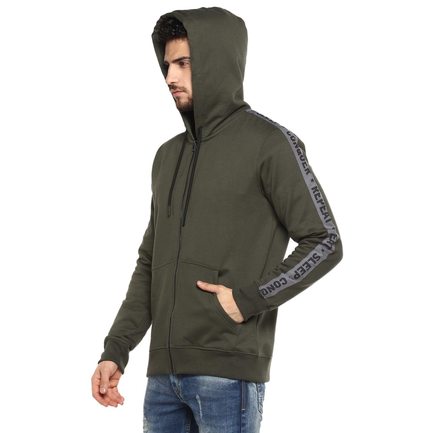 Alan Jones Men Cotton Blend Hooded Sweatshirt - Olive - Image 3