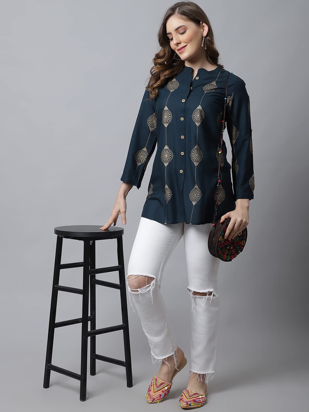 Pistaa Women Viscose Printed Kurti - Teal Blue - Image 3