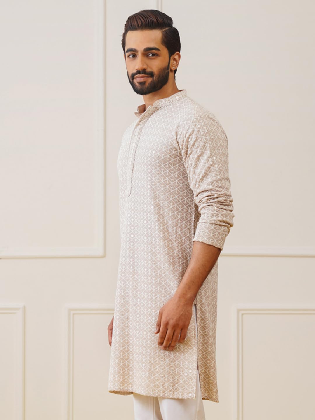 Jompers Mens Beige Sequin Kurtas - Image 3