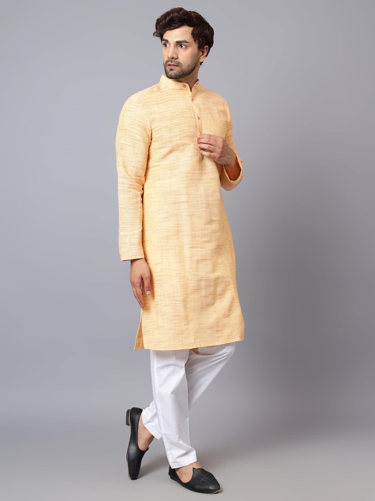 CHIKAN Salab Cotton Kurta for Men - Light Yellow - Image 3