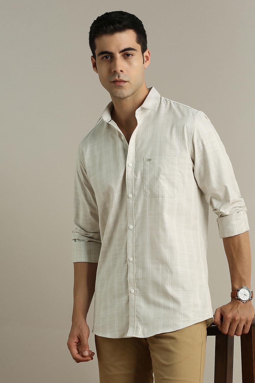 Peter England Men's Striped Slim Fit Shirt - Grey - Image 2