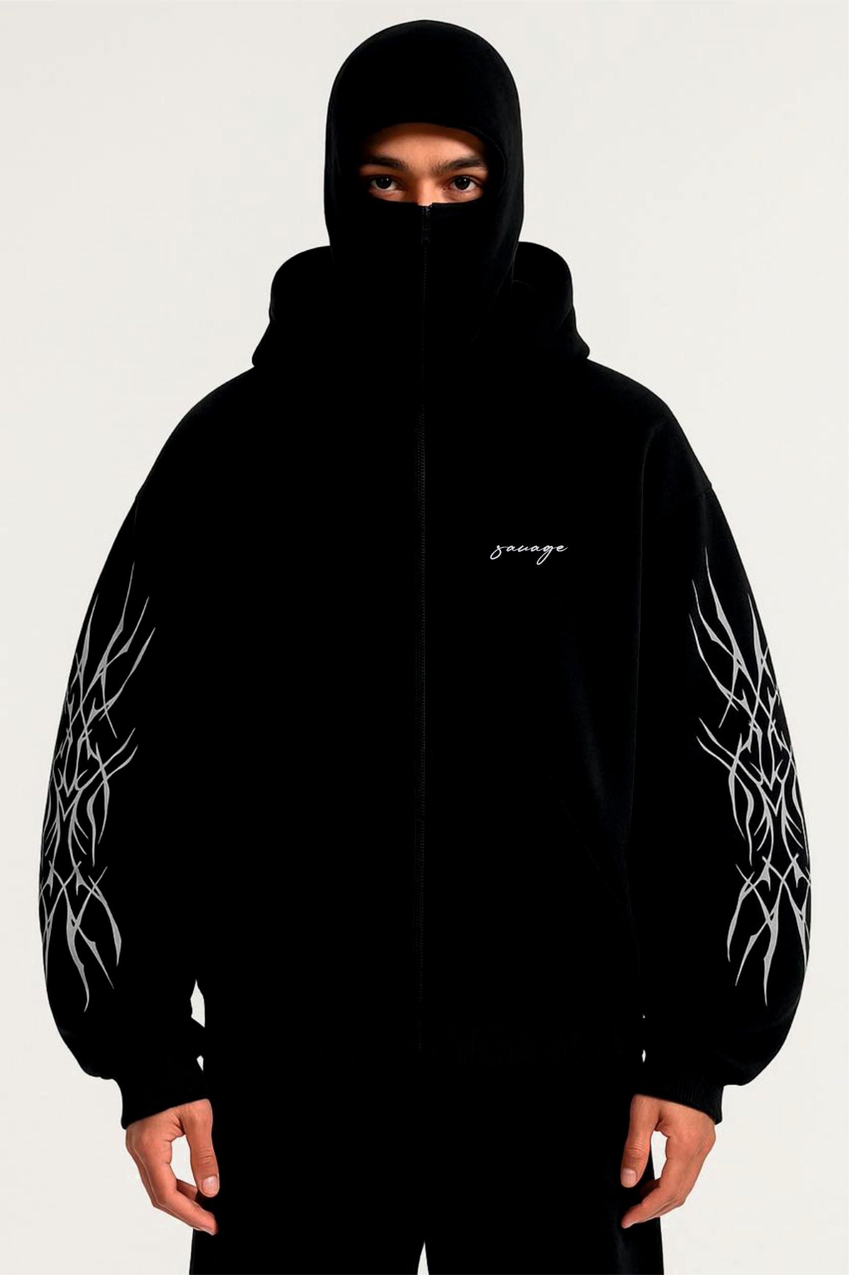 BE SAVAGE Ninja Balaclava Zipper Hoodie Jacket for Men - Black - Image 3