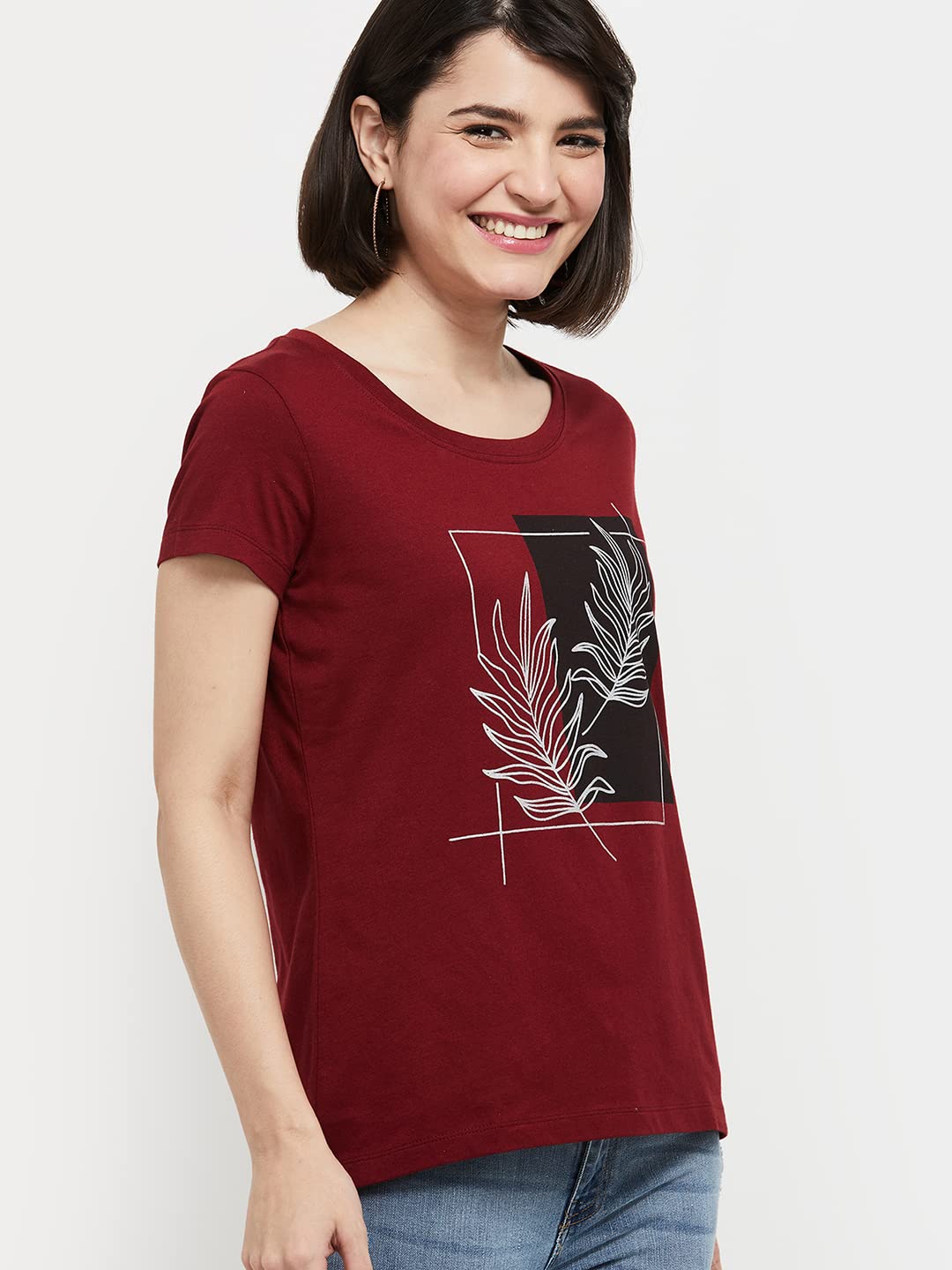 Max Women's Maroon Cotton Printed T-Shirt - Image 3
