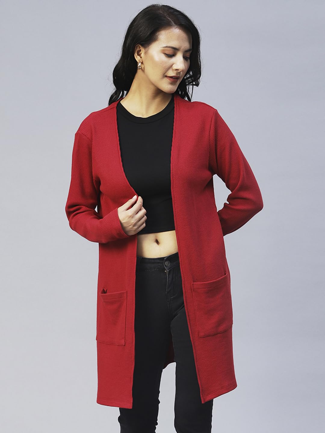 Rigo Front Open Long Rib Shrug - Maroon - Image 4