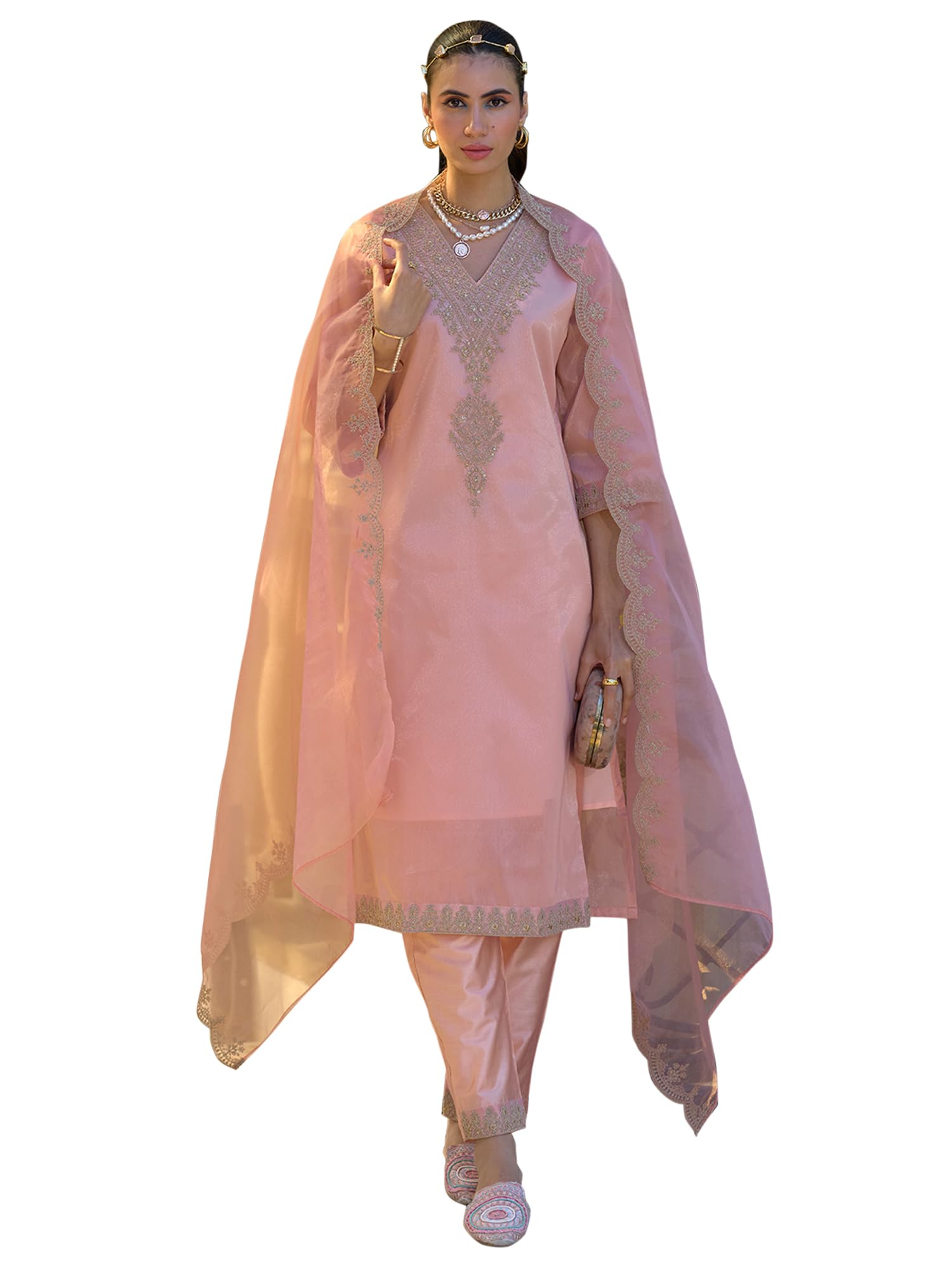 Peach Silk Blend Kurta Pant Dupatta Set for Women