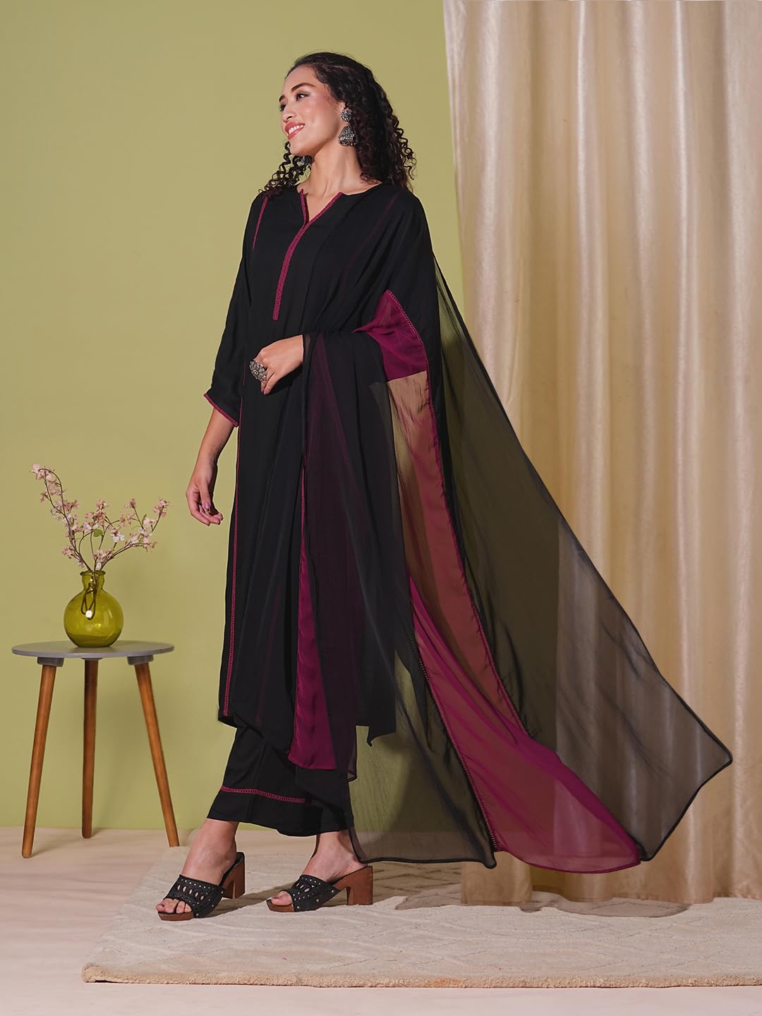GoSriKi Women's Rayon Viscose Kurta with Pant & Dupatta - Black - Image 3