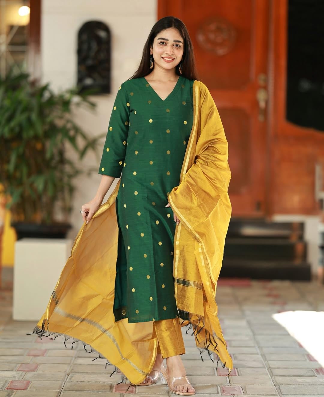 GoSriKi Women's Kurta with Pant & Dupatta - Green - Image 4