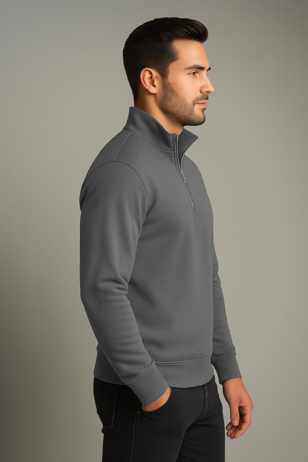 QUTUN Men's Half Zipper Sweatshirt - Dark Grey - Image 2