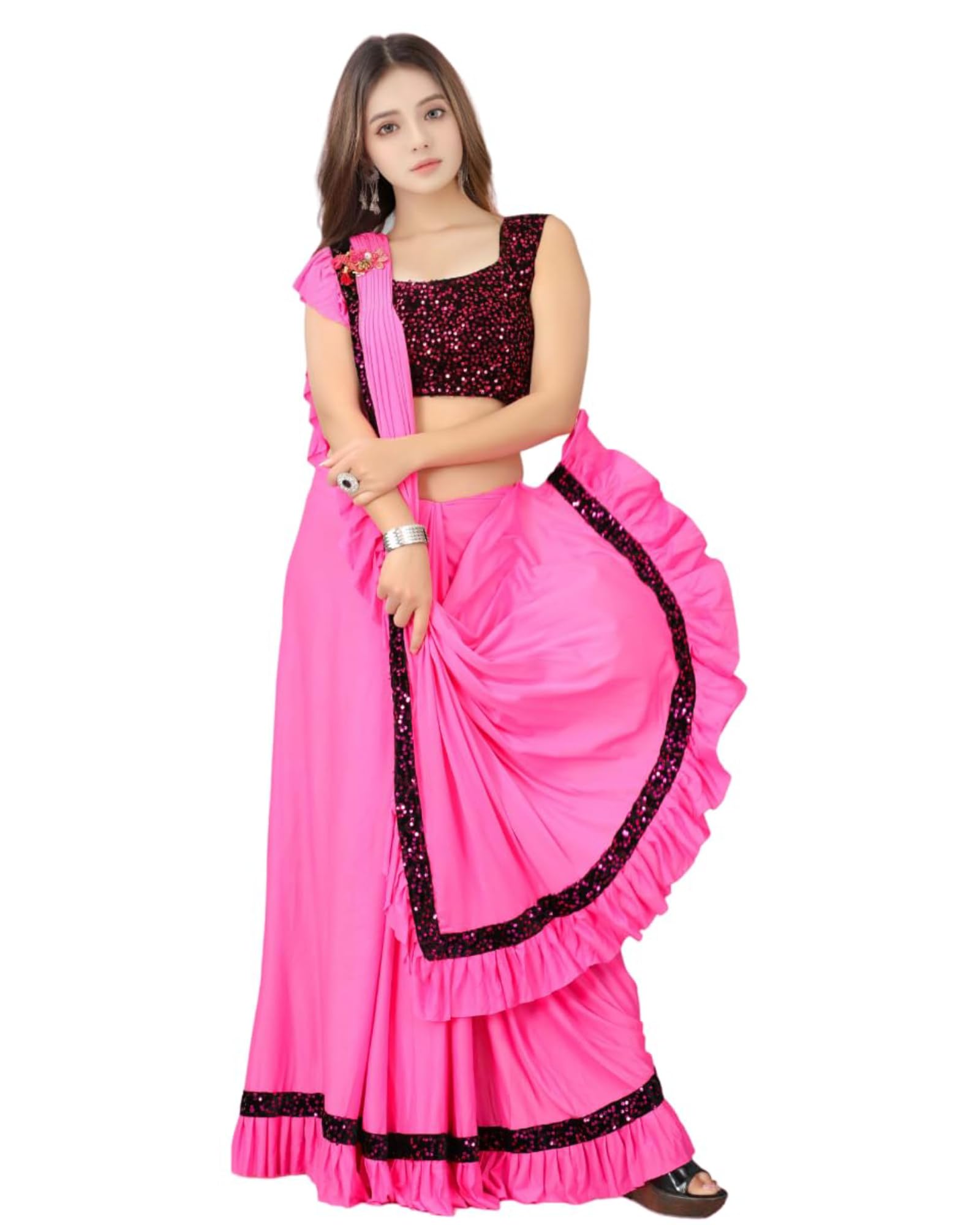 Dhyey Fashion Baby Girls Lycra Saree with Velvet Blouse