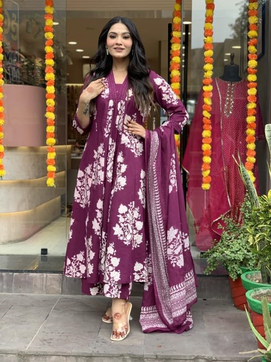 Nermosa Women's Printed A-Line Kurta Pant with Dupatta - Wine - Image 5