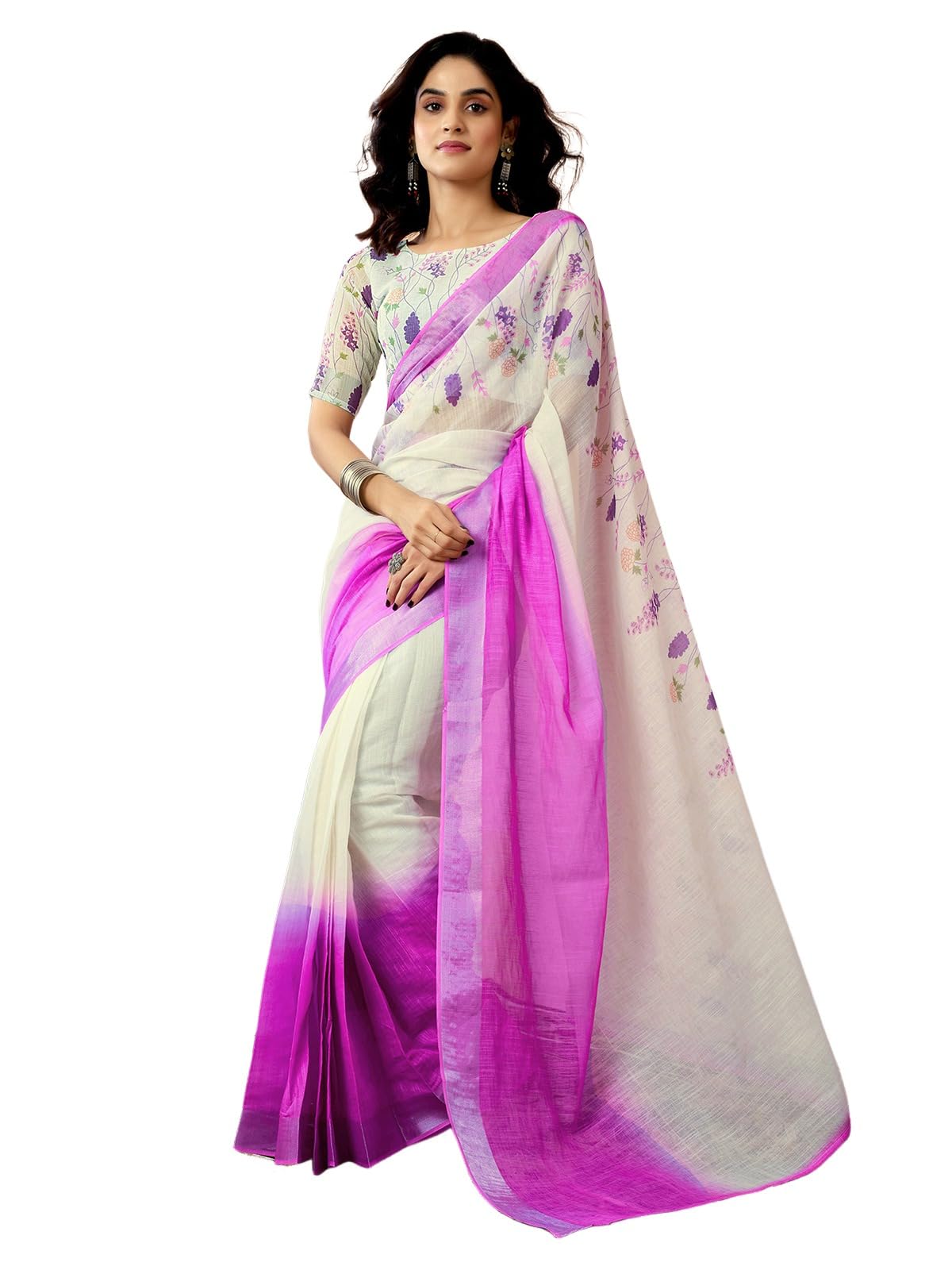 Chanderi Cotton Printed Saree - White & Purple