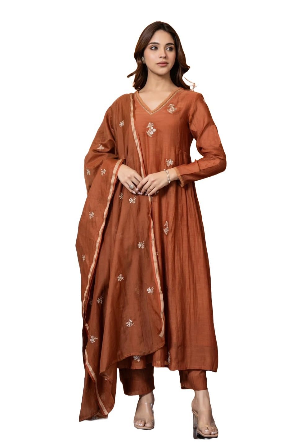 Anarkali Kurta Pant Dupatta Set for Women - Orange Embroidered