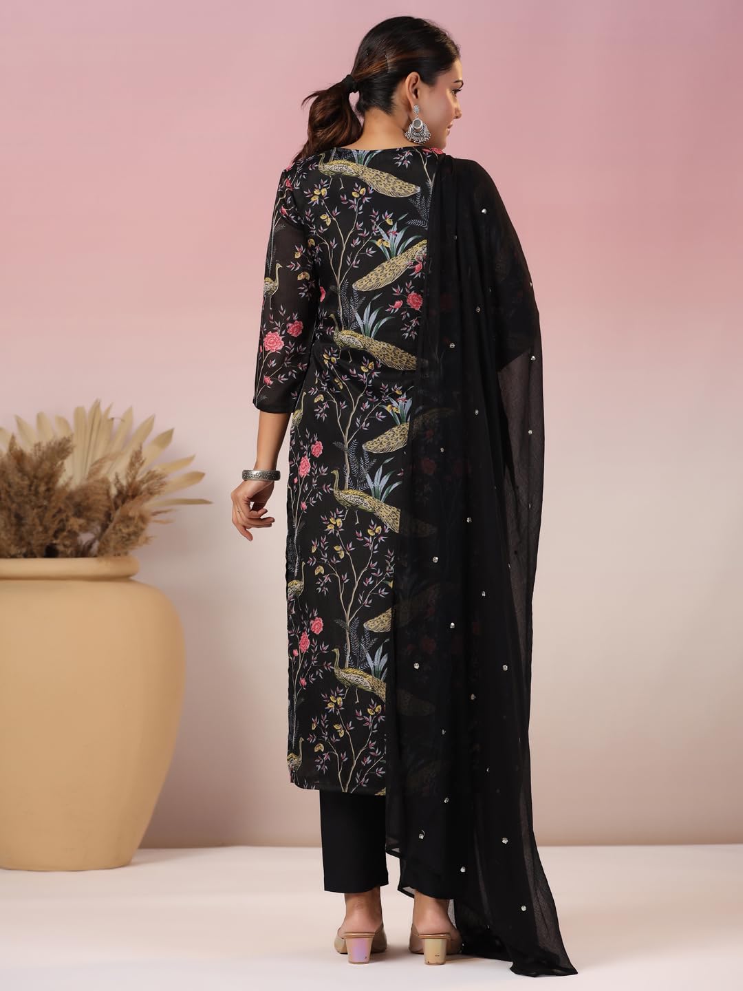 GoSriKi Women's Rayon Blend Printed Kurta with Pant & Dupatta - Black - Image 2