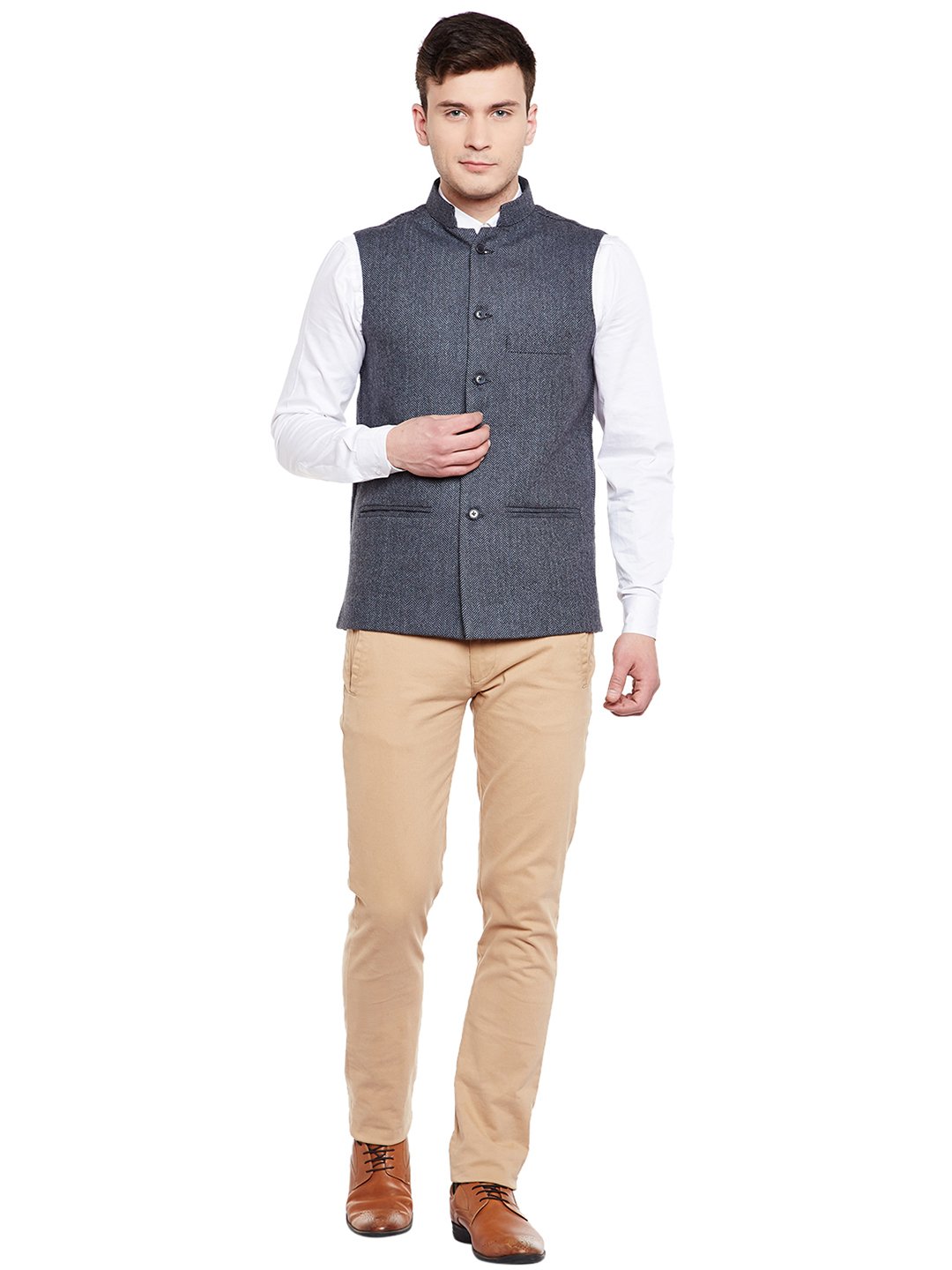 WINTAGE Men's Wool Blend Nehru Jacket - Blue - Image 5