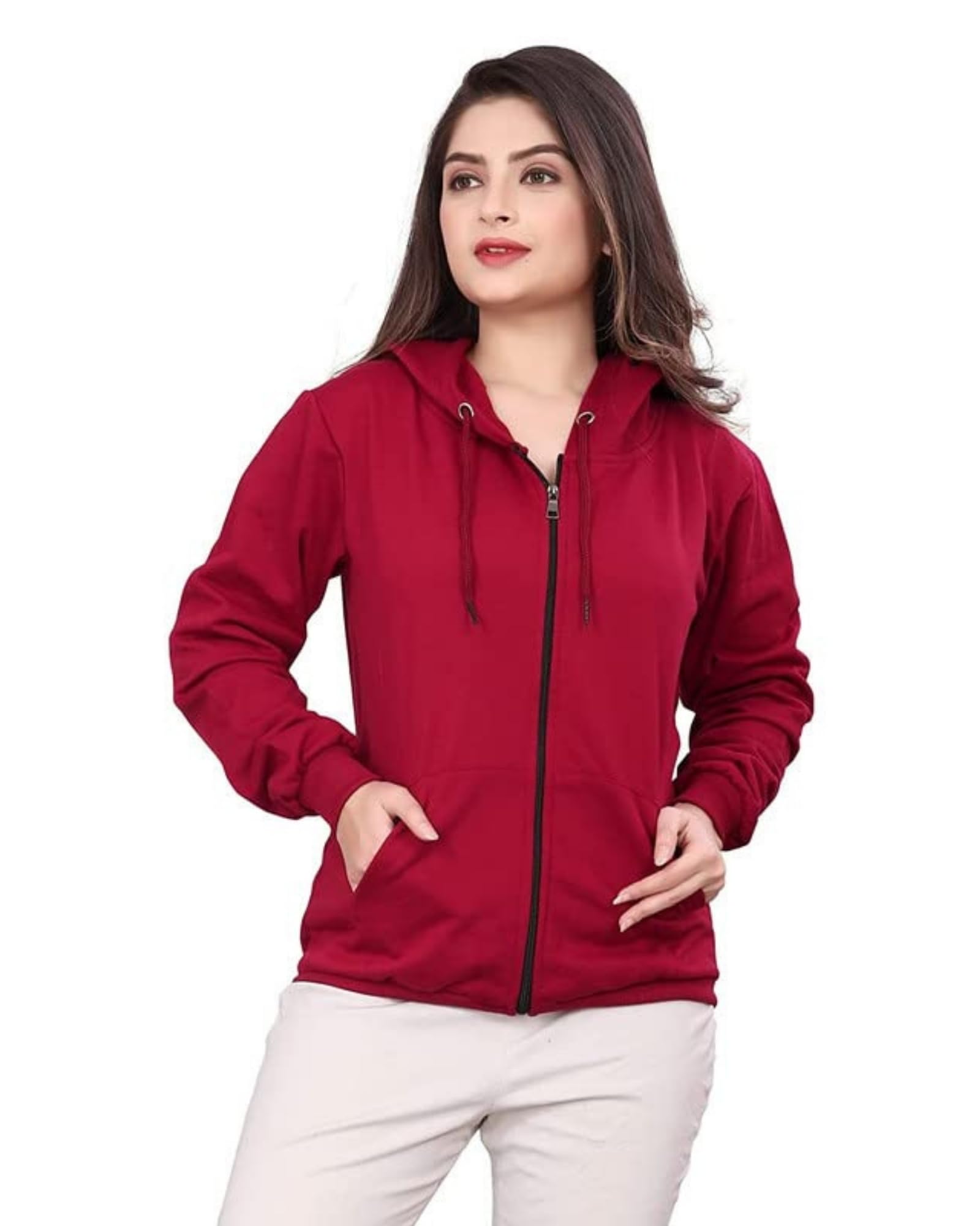 Women's Casual Hoodie with Zipper - Maroon