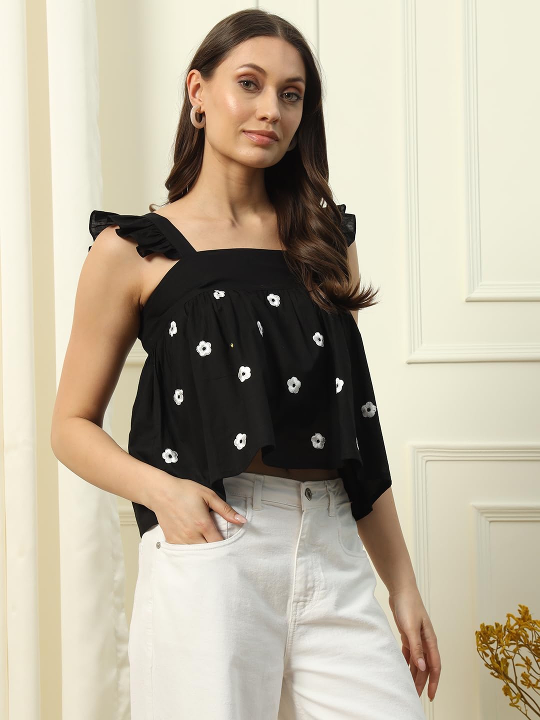 FIORRA Women's Black Cotton Crop Top with Embroidery - Image 3