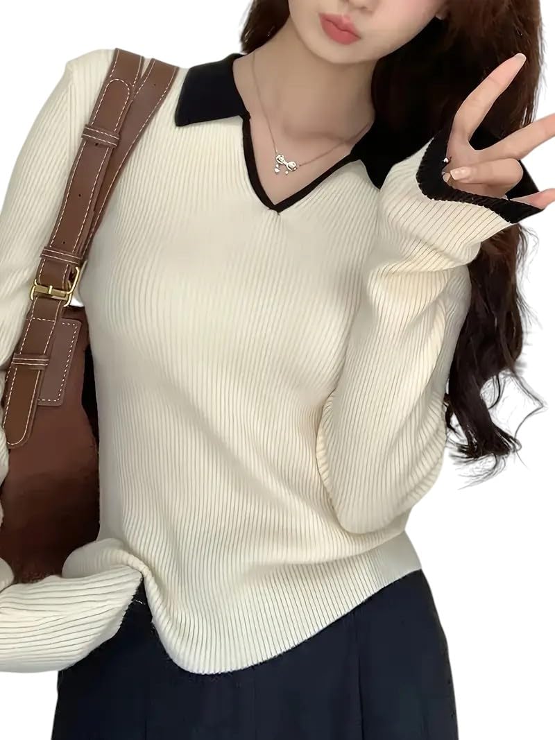 WANQUILA Beige Contrast Collar T-Shirt for Women