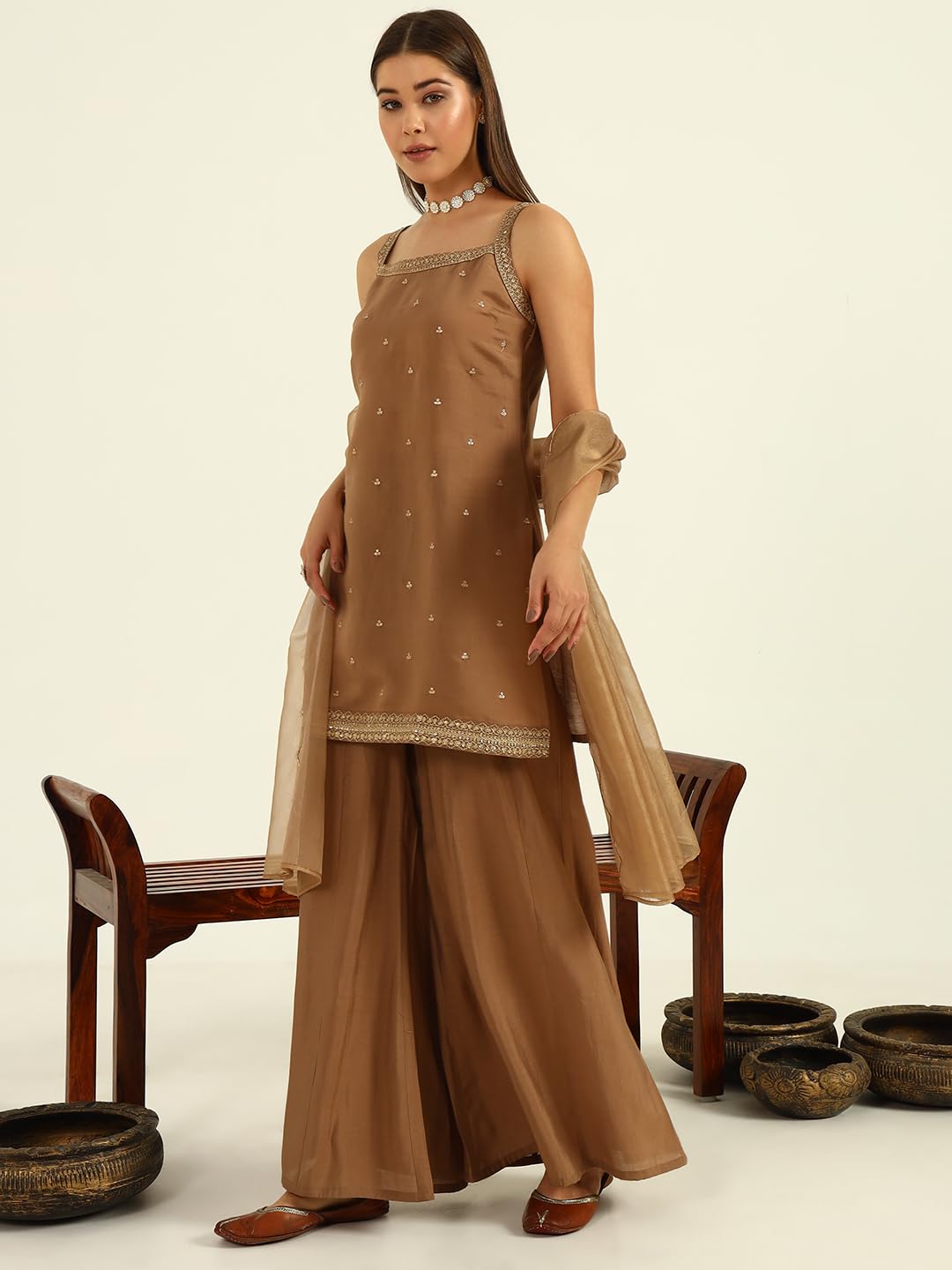 FIORRA Brown Chanderi Kurta Set for Women - Image 4