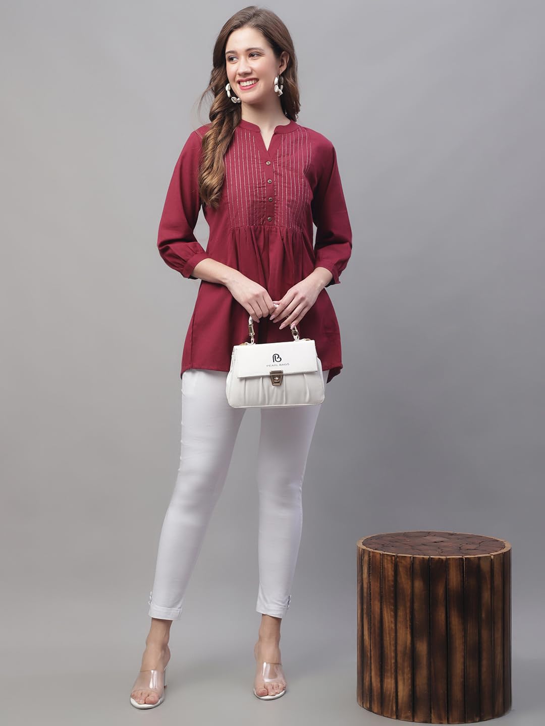 Pistaa Women's Cotton Embroidered Kurti - Wine - Image 5