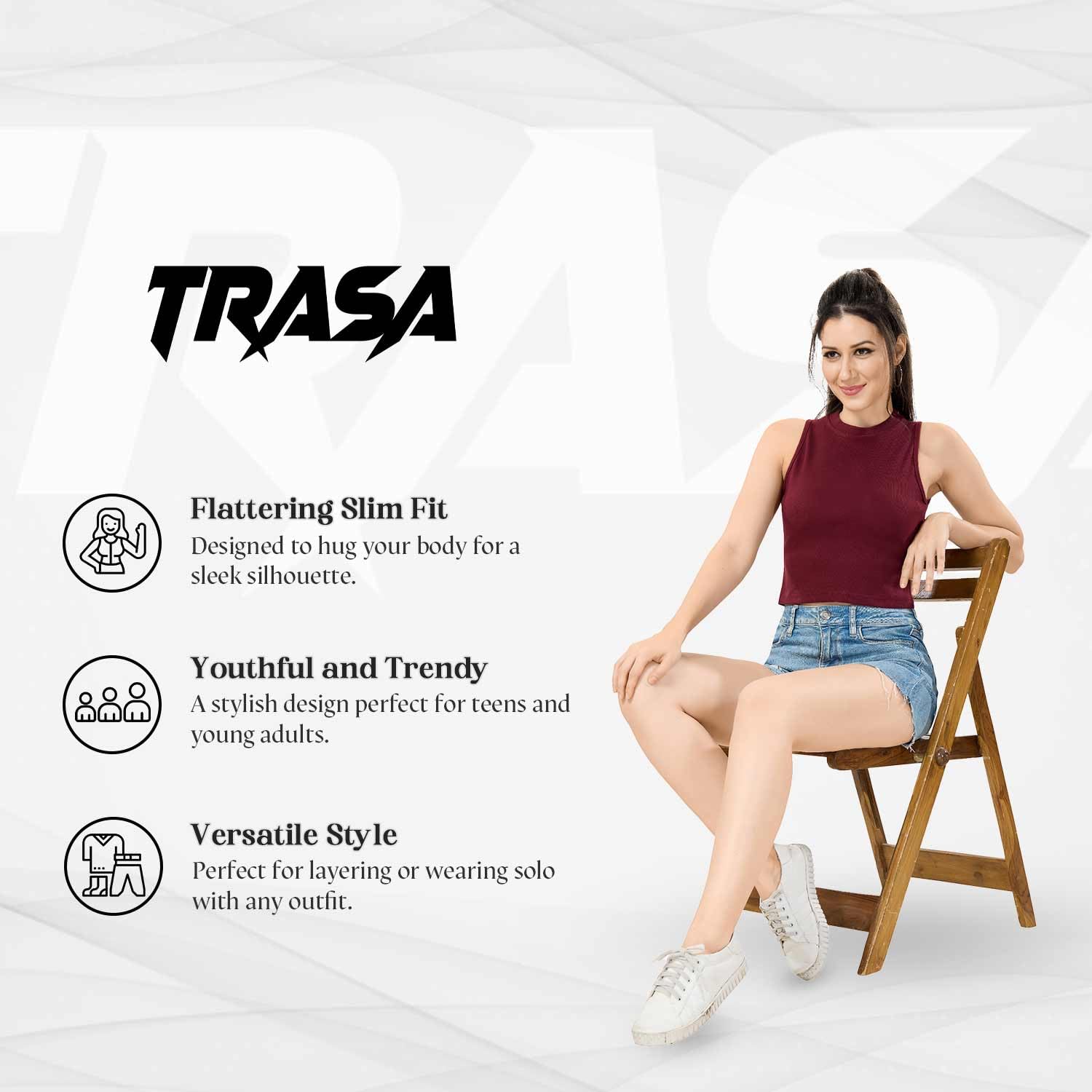 TRASA Maroon Sleeveless Halter Neck Crop Top for Women - Image 2