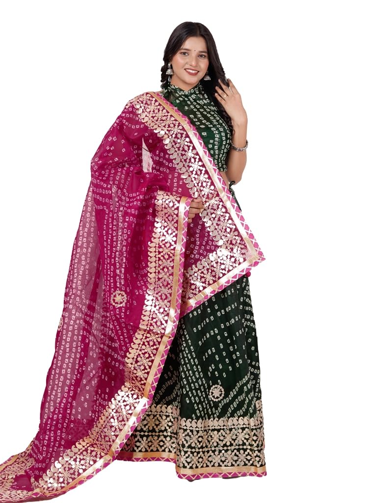 Kota Doria Bandhani Lehenga Choli - Green Pink - Image 4