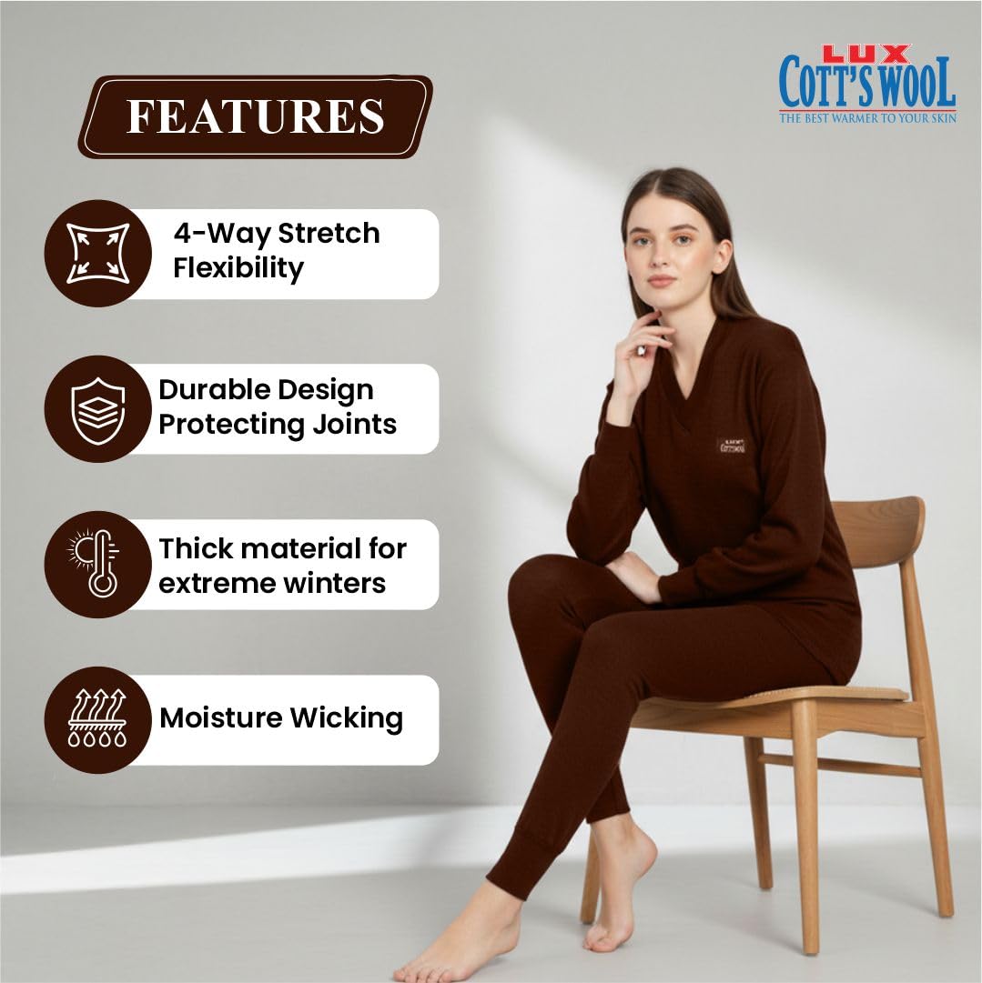 Lux Cottswool Thermal Top & Bottom Set for Women - Brown - Image 3