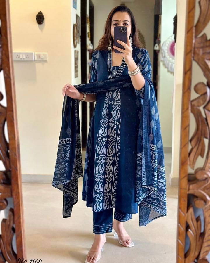 Rangnavi Women's Cotton Anarkali Kurta Set - Blue - Image 2