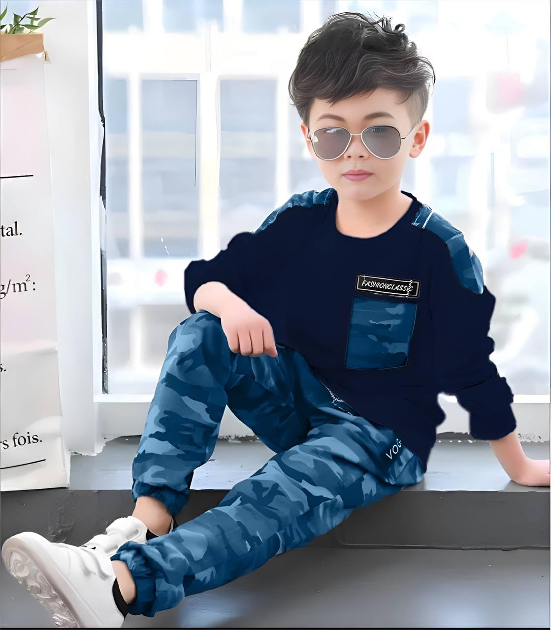 SNSD Kids Army Print Cotton Lycra T-shirt & Trouser Set for Boys - Blue - Image 3