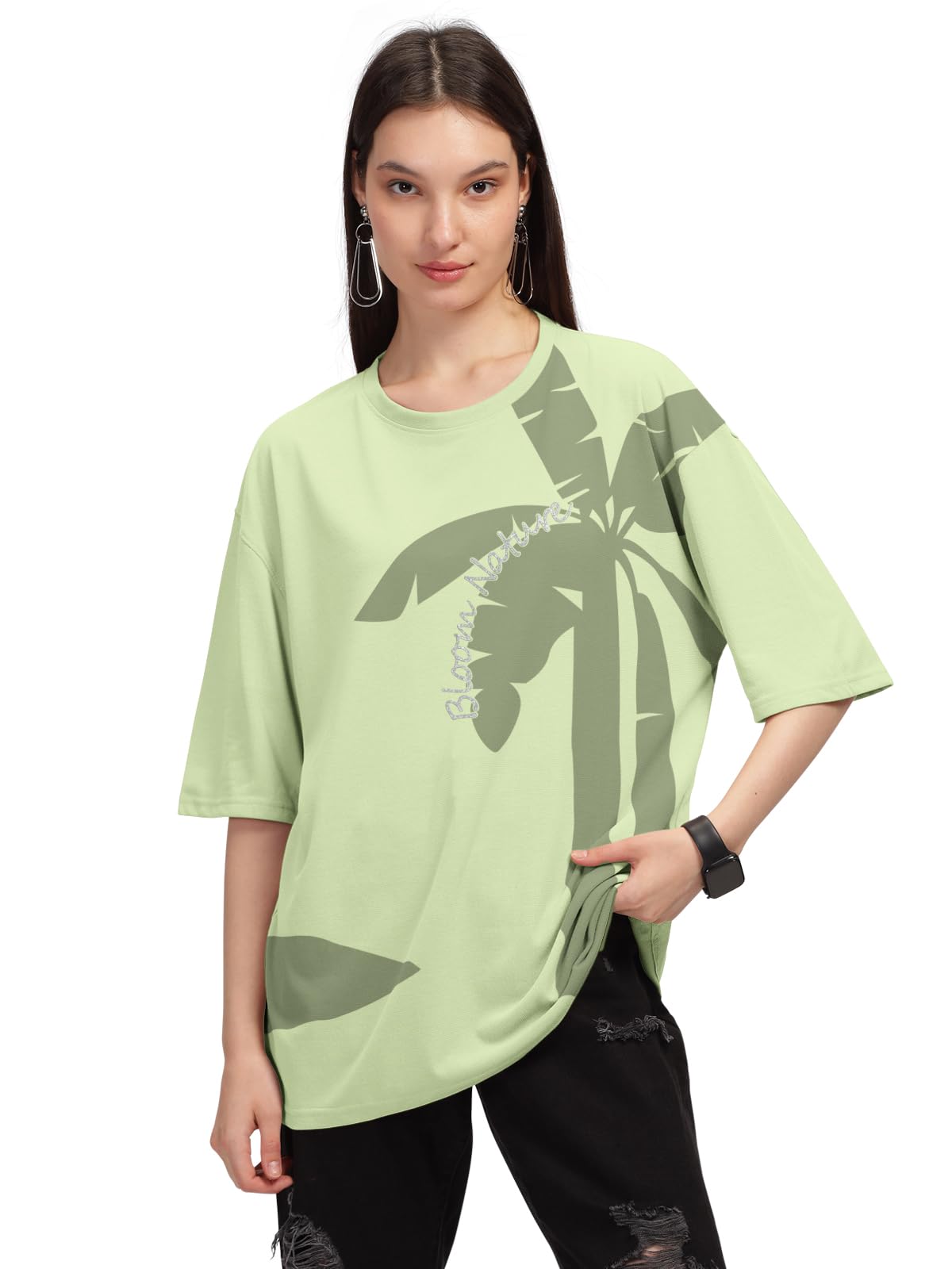 HELLCAT Women's Green Printed Oversized T-Shirt
