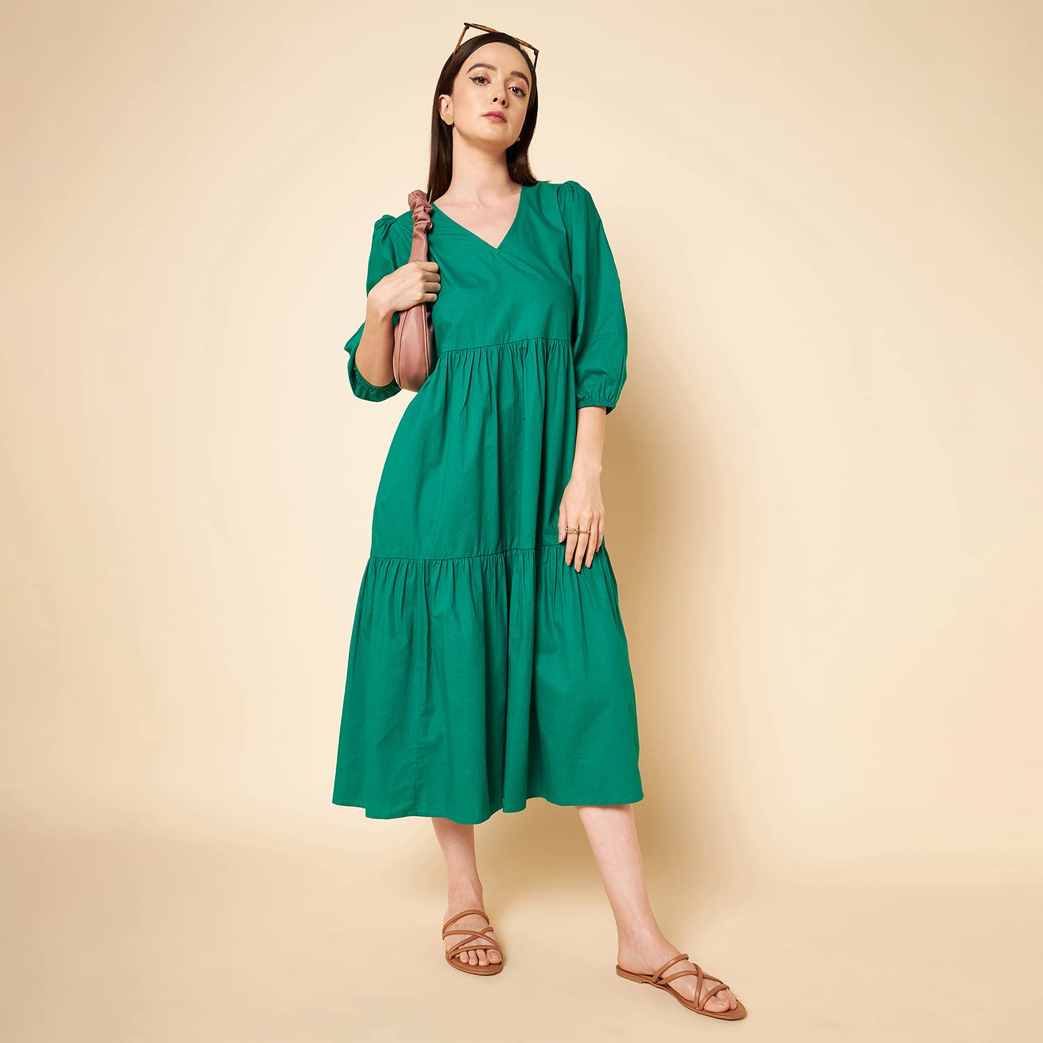 Green Cotton Pleated Maxi Dress for Women - Image 2