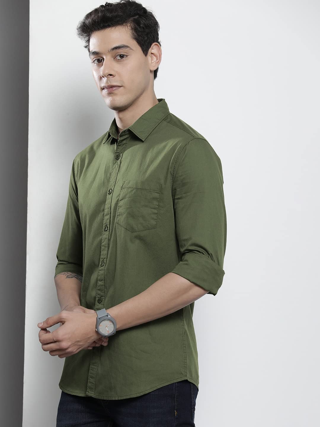 The Indian Garage Co Olive Slim Fit Cotton Shirt for Men - Image 5